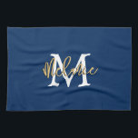 Monogram inledande Namn-skript marin vit Guld Kökshandduk<br><div class="desc">Modern Monogram första Namn-skript i marinen med vitt och guld. Enkel att anpassa med initial och namn.</div>