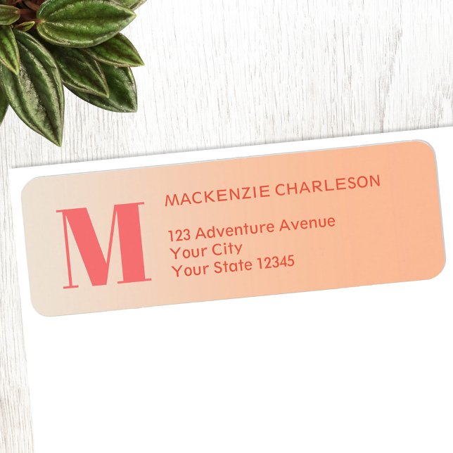 Monogram inledande Returadress för persikofärgad g Returadress Etikett (Modern monogram peach gradient return address label)