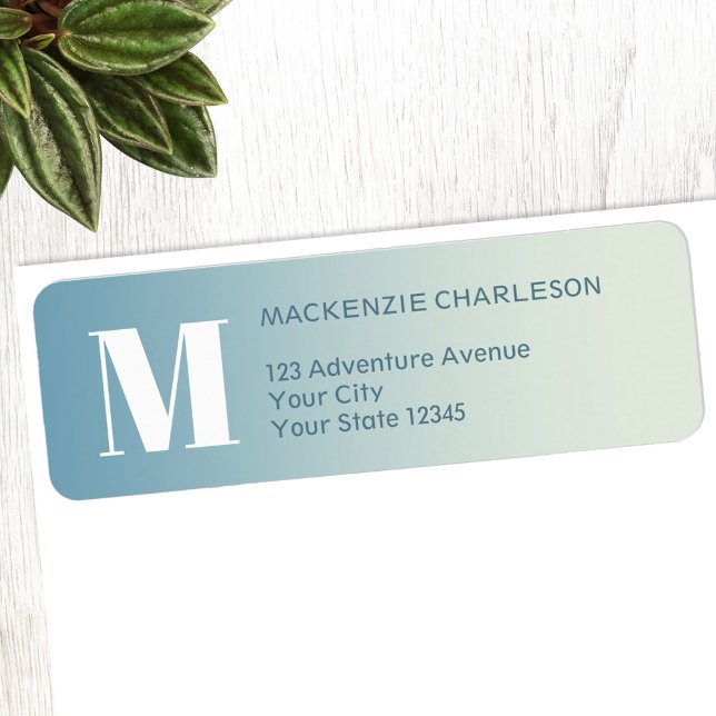 Monogram inledande Returadress för Teal Aqua-gradi Returadress Etikett (Modern monogram initial name teal aqua blue gradient personalized return address labels)