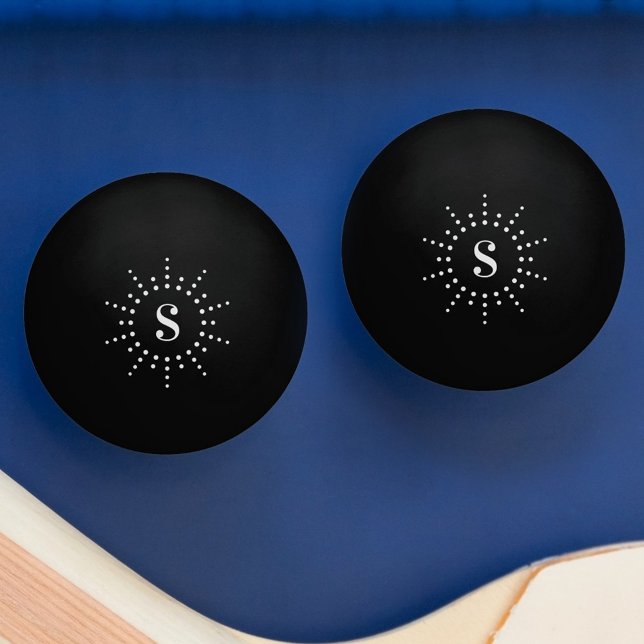 Monogram inledande solnedgång i sol vid radiell st pingisboll (Monogram initial radial sun sunburst black ping pong ball)