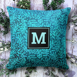 Monogram, inledande turkos löv mönster modern kudde
