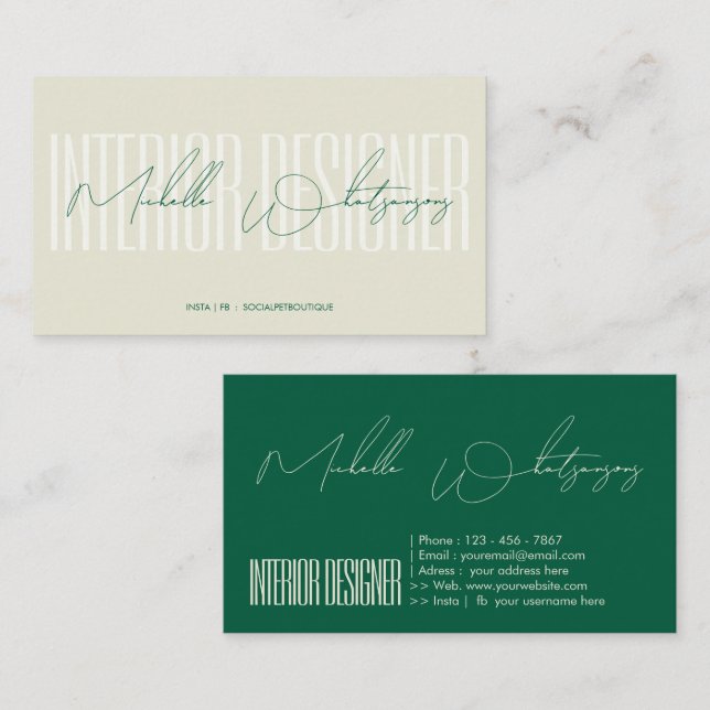 Monogram INTERIÖR DESIGNER modern skrift Visitkort (Fram/baksida)