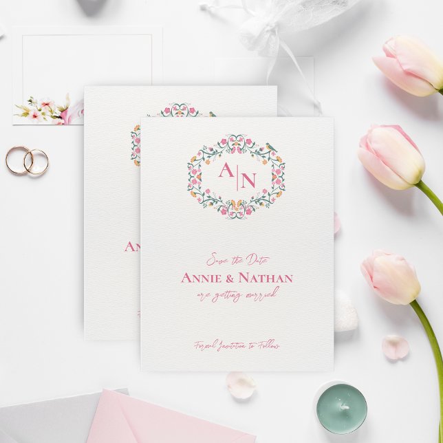 Monogram Intricate Blommigt Bröllop spara datum (Monogram Intricate Floral Wedding Save the Date)