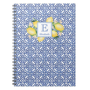Monogram italienskt inspirerade citroner blåa plat anteckningsbok