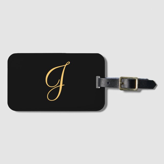 Monogram J., guld färgad initial J på svart Bagagebricka (Framsida horisontal)