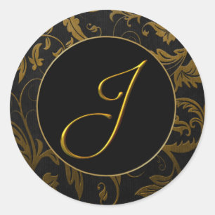 Monogram J Guld och Black Damask Wedding Seal Runt Klistermärke