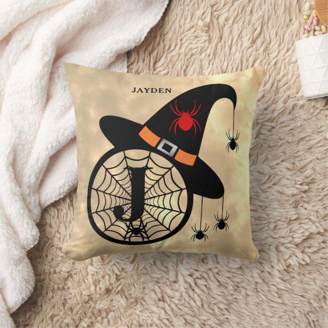 Monogram J Halloween Himlar Witch Spiders Namn Kudde (Filt)