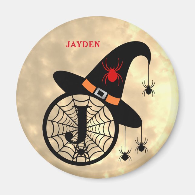 Monogram J Halloween Himlar Witch Spiders Namn Mag Magnet (Framsidan)
