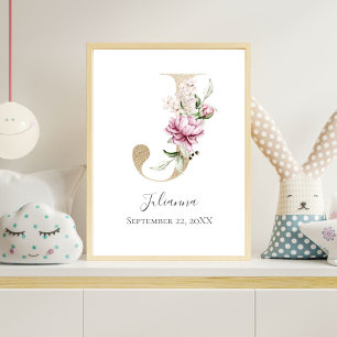 Monogram J Rosa White Blommigt Guld Brev Nursery Poster