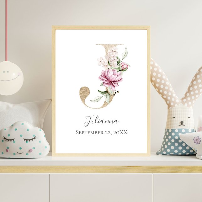 Monogram J Rosa White Blommigt Guld Brev Nursery Poster (Gold Monogram Letter J, Pink Floral Watercolor Nursery Wall Art)
