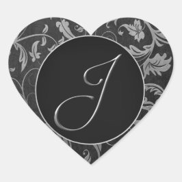 Monogram J Silver och Black Damask Wedding Seal Hjärtformat Klistermärke