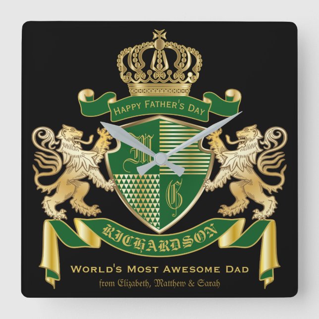 Monogram Jackar Arm Grönt Guld Lejona Emblem i Kro Fyrkantig Klocka (Framsida)