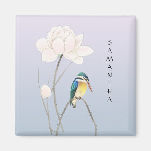 Monogram Japansk Vintage Kingfisher Lotus Magnet