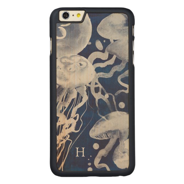 Monogram | Jellyfish on Navy Background Carved Wood iPhone Skal (Baksidan)