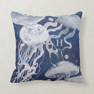 Monogram   Jellyfish on Navy Background Kudde