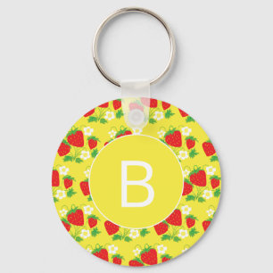 Monogram Jordgubb- och blommönster gult Nyckelring