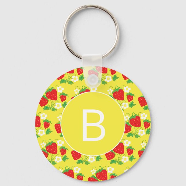 Monogram Jordgubb- och blommönster gult Nyckelring (Framsida)
