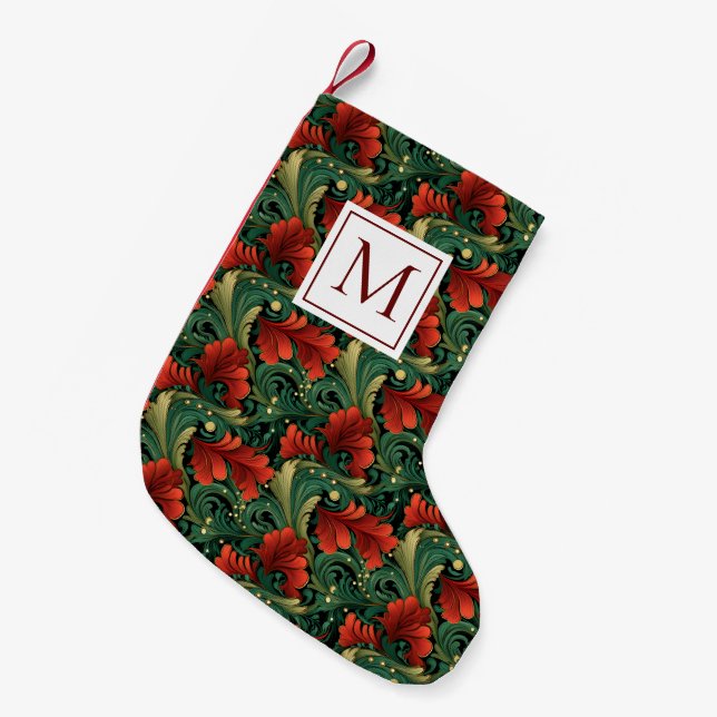 Monogram jul - Grönt Red Art Noveau Liten Julstrumpa (Framsidan (Hängande))