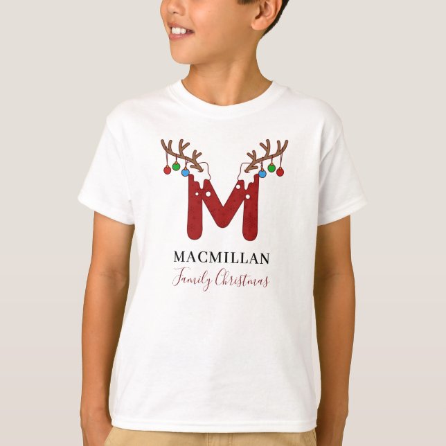 Monogram jul-Helgdag Antlers matchande familj T Shirt (Framsida)