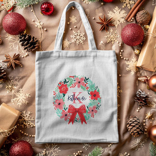 Monogram jul Helgdag Red Rosa Blommigt Utandning Tygkasse