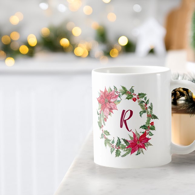 Monogram jul kaffemugg (Monogram Christmas Wreath Coffee Mug)