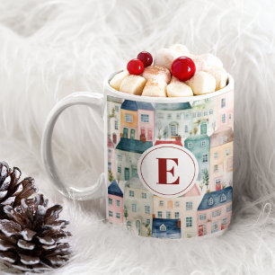 Monogram julfärgade hus, Helgdag Red Kaffemugg