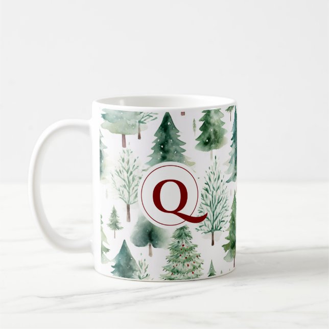 Monogram Julgran Watercolor Greenery Kaffemugg (Vänster)