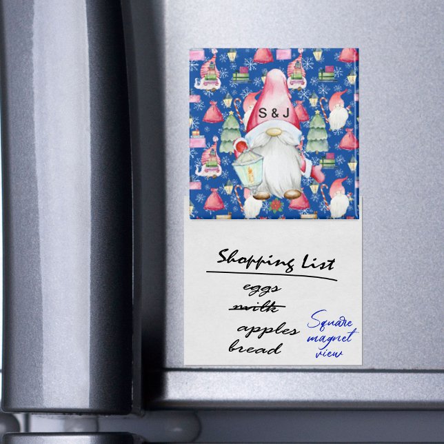 Monogram jultomten Gnome Mönster Blue Magnet (Monogram Christmas Santa Gnome Pattern Blue Magnet)