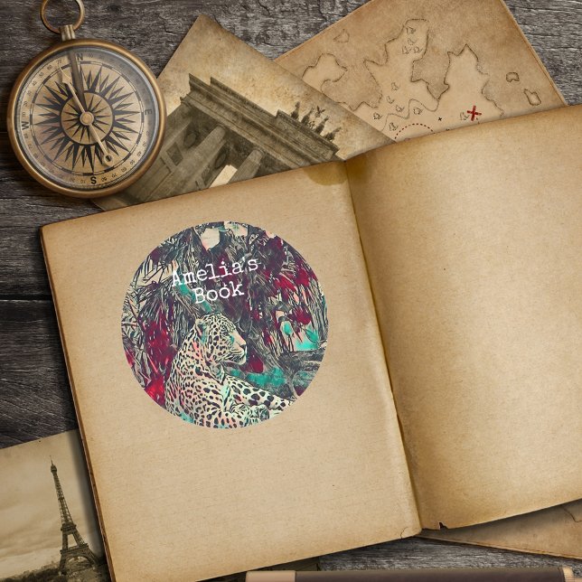 Monogram Jungle Cat Bookplate Runt Klistermärke (Skapare uppladdad)