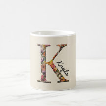 Monogram K, blom- brev K, mugg