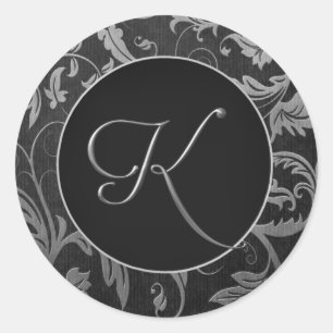 Monogram K Silver och Svart Damaskonsförsegling Runt Klistermärke