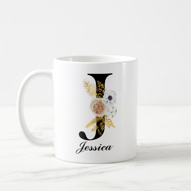 Monogram kaffe Mugg - första J Black-Blommigten (Vänster)