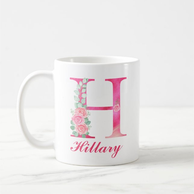 Monogram kaffe Mugg - första Rosa Blommigt Mugg (Vänster)