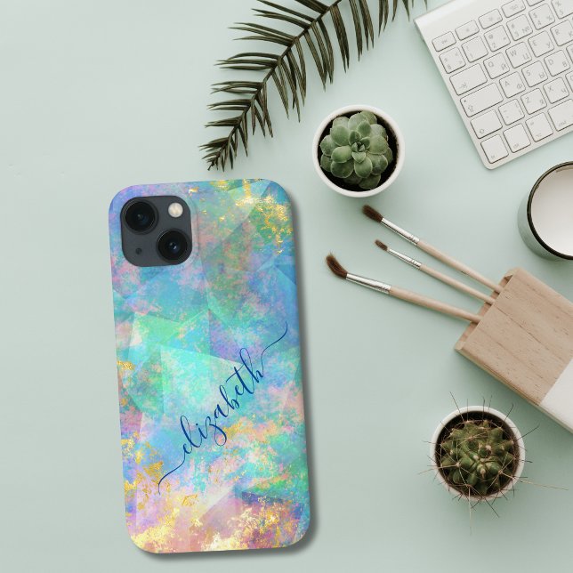 Monogram kalligrafi Blå Grön Rosa Guld Trendigt  (Script Calligraphy Monogram Blue Green Abstract Design iPhone case)