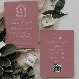 Monogram-kam Dusty Rose QR-kod Bröllop Inbjudningar