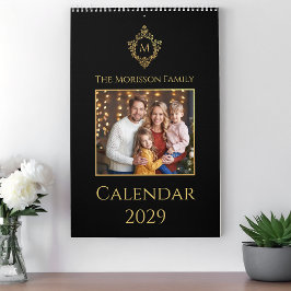 Monogram-kam Elegant svart och guld familjefoto Kalender