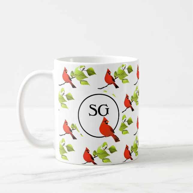 Monogram Kardinal Sångfågel på Trädgren  Kaffemugg (Vänster)
