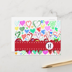 Monogram - Kärlek, Romantik, Hearts - Red Blue Ros Vykort