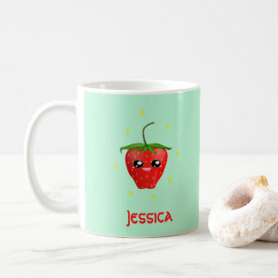 Monogram kawaii-jordgubbar på turkos kaffemugg