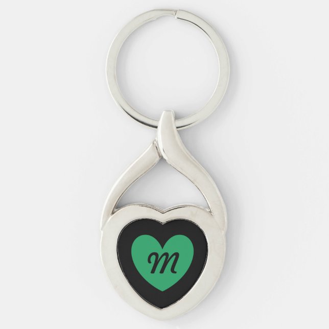 Monogram Kelly grönt hjärta på svart Twisted Heart Silverfärgad Nyckelring (Framsidan)