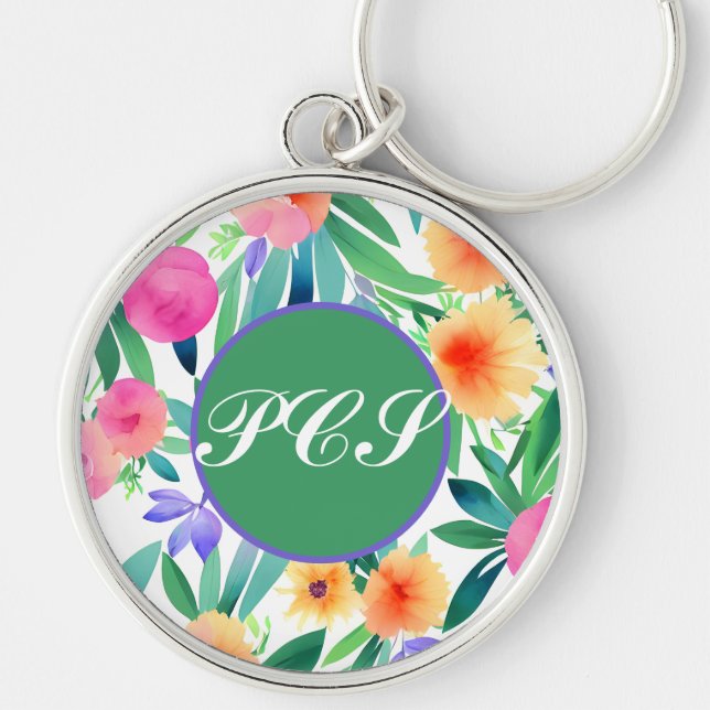 Monogram Keychain Bright Vår blommor Rund Silverfärgad Nyckelring (Framsidan)