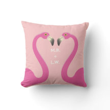 Monogram Kissing Flamingos Coral Pillow