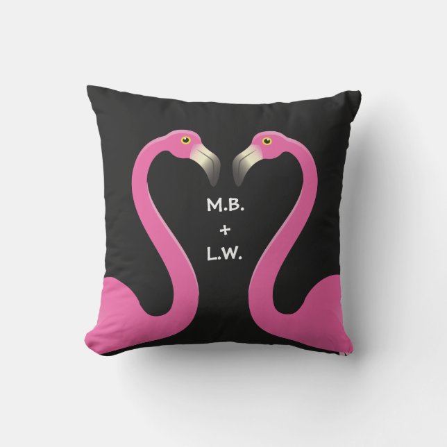 Monogram Kissing Flamingos Rosa & Black Pillow Kudde (Framsida)