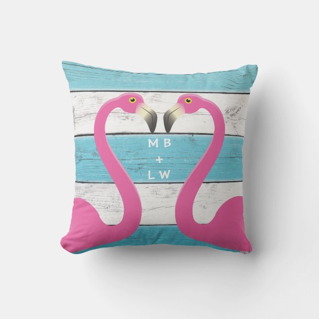 Monogram Kissing Flamingos Turkvoise Pillow Utomhuskudde (Framsida)