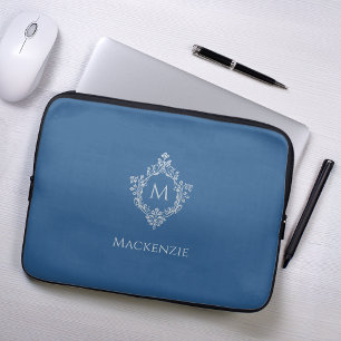 Monogram Klassisk Blå Vintage Elegant Vapen Namn Laptop Fodral