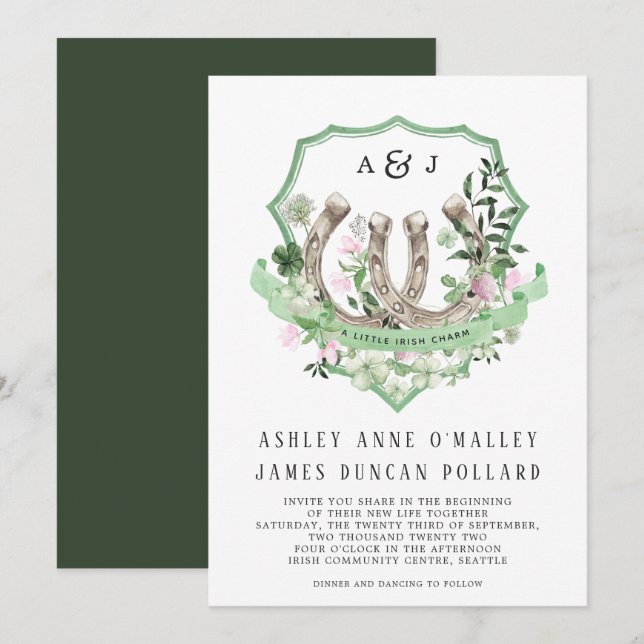 Monogram | Klöverhästar Botanisk Bröllop Inbjudningar (Fram/baksida)
