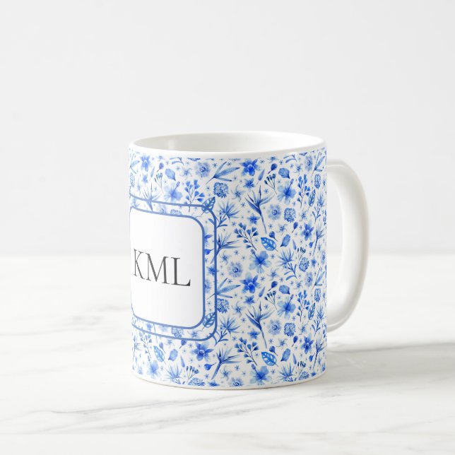 Monogram Kobalt Blåa blommor & Löv Mönster 11oz Kaffemugg (Framsida höger)