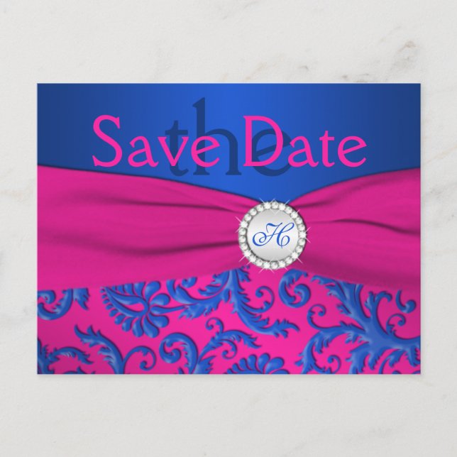 Monogram Kobolt och Fuchsia Save the Date-kort Meddelande Vykort (Framsida)