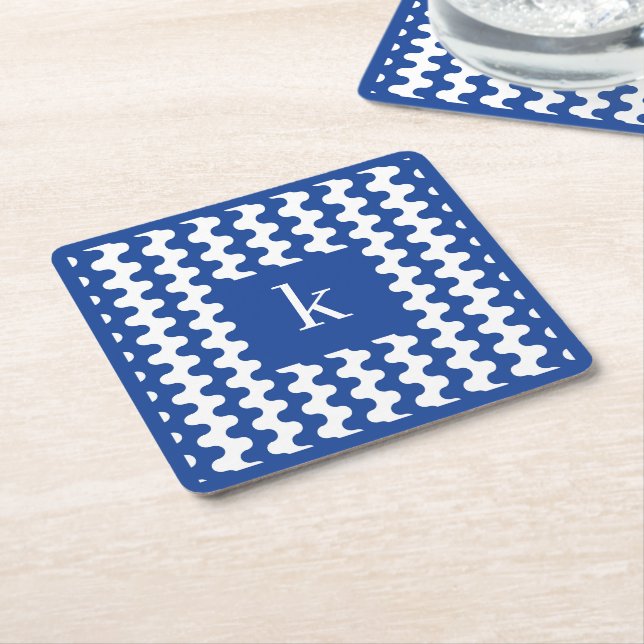 Monogram Koboltblått Djärvt Vågigt Mönster Underlägg Papper Kvadrat (Vinklad)