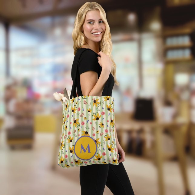 Monogram Konblomma Fjäril Blommigt Mönster Tygkasse (Monogram Coneflower Butterfly Floral Patterned Tote Bag)